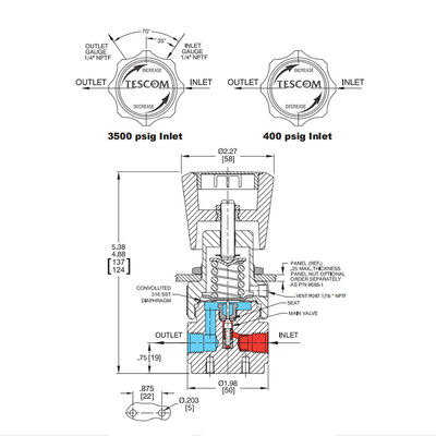 Tescom Regulator ตัวกำหนดตำแหน่งวาล์วนิวแมติก 44 2200 Series ตัวควบคุมความดัน