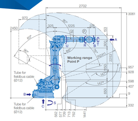 แขนหุ่นยนต์ Yaskawa ที่มีประสิทธิภาพในการจัดการน้ำหนักบรรทุกสูง 180 กก. อุตสาหกรรม 6 แกน GP180