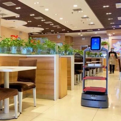 หุ่นยนต์บริการประเทศจีนพร้อมระบบนำทางอัตโนมัติสำหรับส่งอาหาร AI Robot