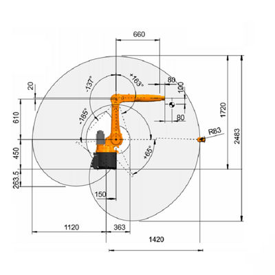Kuka Palletizing Robot Kr 10 R1420 10kg พิกัดน้ำหนักบรรทุก 6 แกนแขนหุ่นยนต์อุตสาหกรรมแขนหุ่นยนต์สำหรับพาเลท